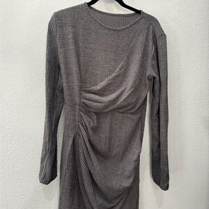 Long Sleeve Gray Ruched Knit Dress - Women's